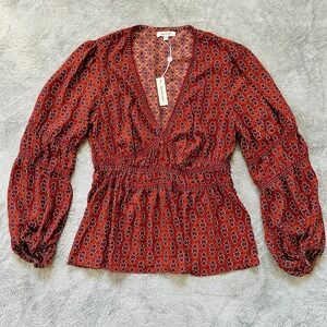 Max Studio Brown Rust Orange Smocked Boho Blouse Top Womens M NWT $98 Floral